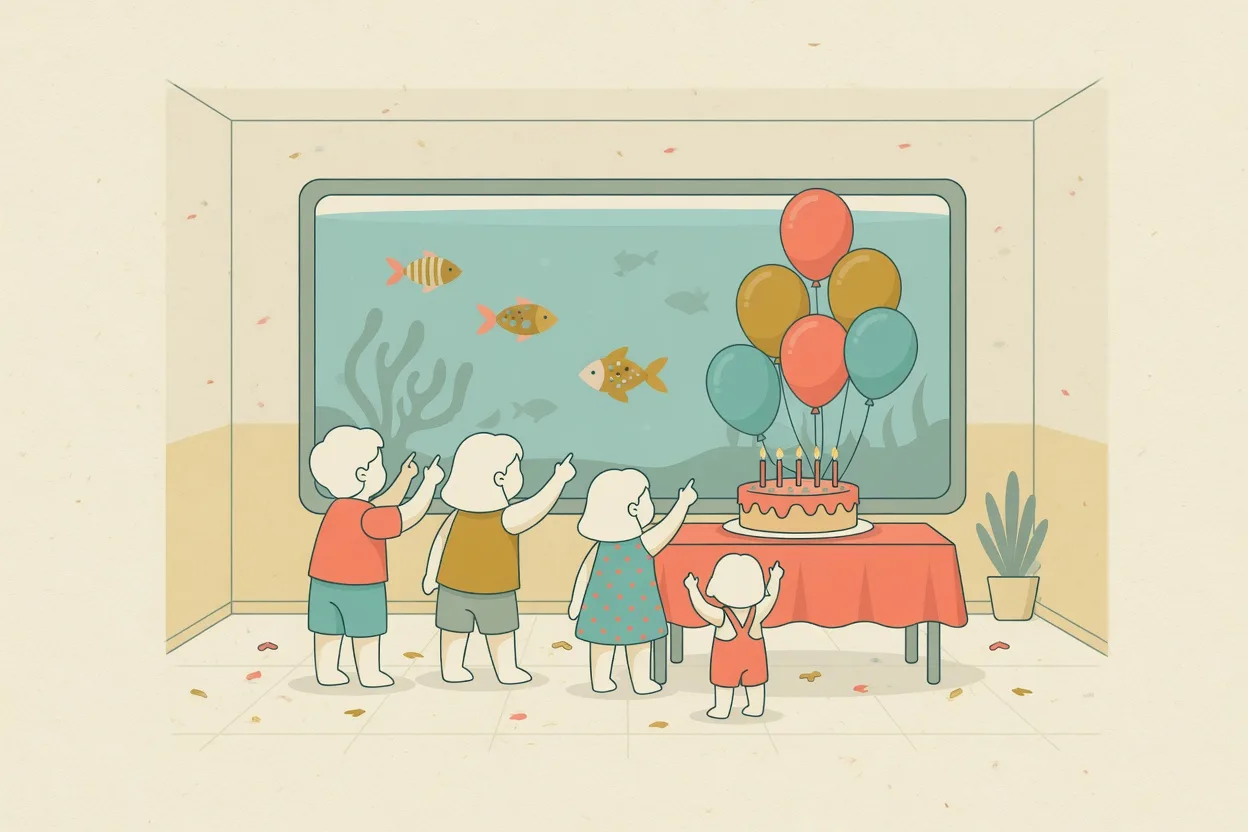 Illustration of a birthday party in front of a wide aquarium window, four children pointing up at the fish, with a candlelit cake and balloons on a table beside them