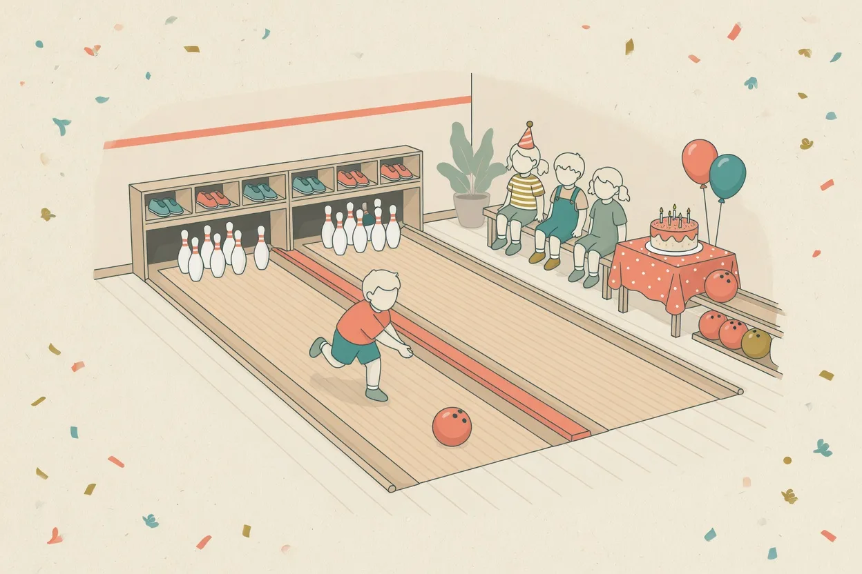 Illustration of a bowling-alley birthday party, one child rolling a ball down the lane towards the pins while three others watch from a bench beside a cake table and balloons