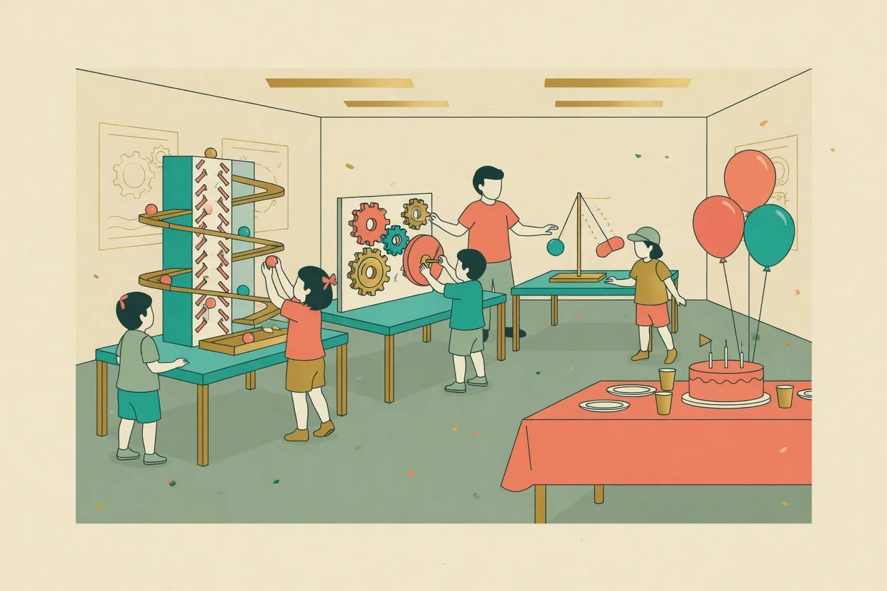 Illustration of a birthday party in a hands-on science museum room, children at a ball run, a gear wall and a pendulum with an adult helping, and a cake table with balloons