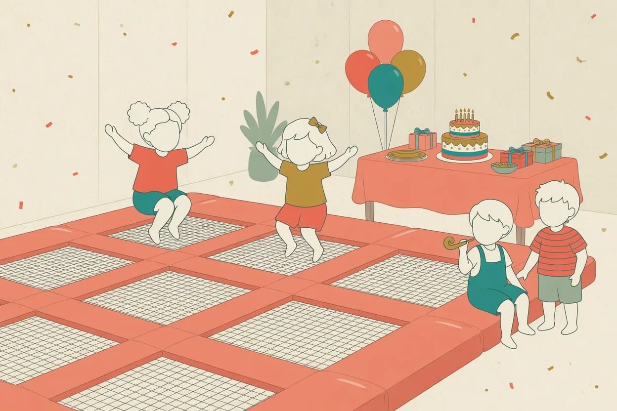 Illustration of a trampoline-park birthday party, two children mid-jump on a grid of trampolines and two more resting on the padded edge, with a cake, presents and balloons on a table behind