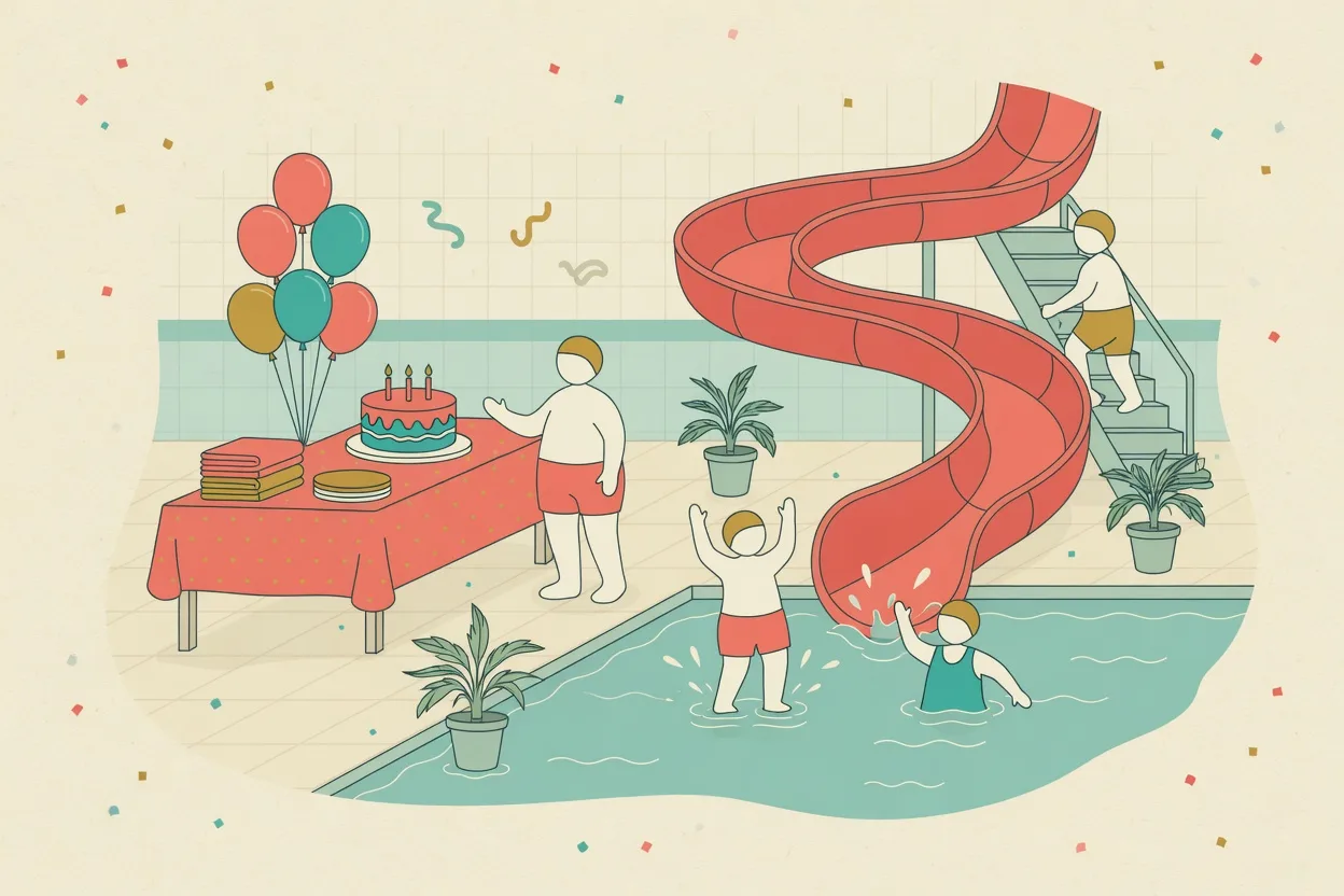 Illustration of an indoor water-park birthday party, a big spiral slide running down into the pool with children playing in the water, and a cake, towels and balloons on a table at the poolside