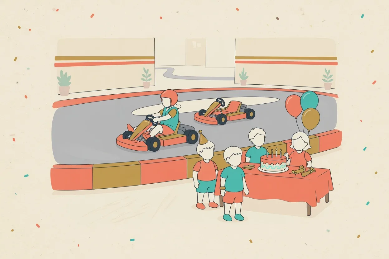 Illustration of an indoor go-kart birthday party, one child driving a kart in a helmet around the track while four others wait at a cake table beside the barrier