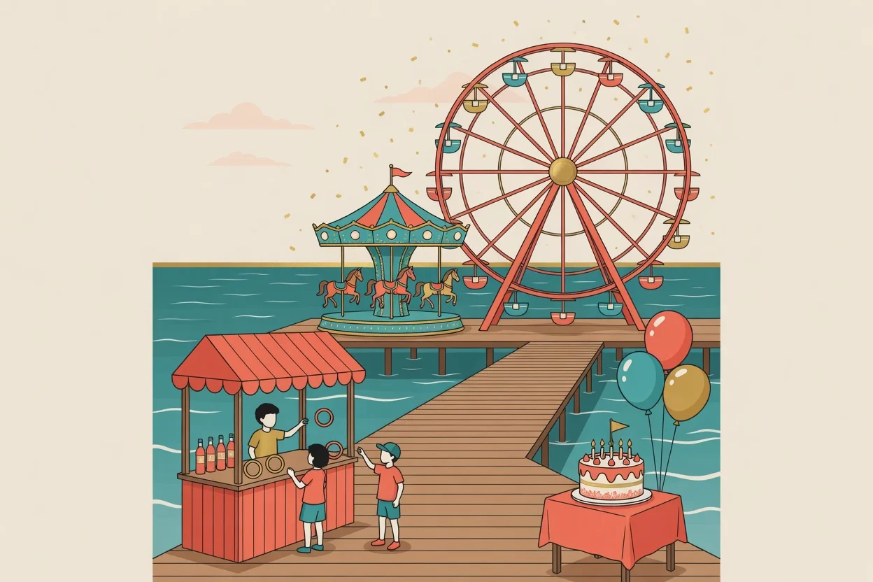 Illustration of a birthday party on a seaside pier, two children playing a ring-toss game at a boardwalk stall with a carousel and a Ferris wheel turning over the water behind them, and a cake and balloons on a table at the end of the boardwalk