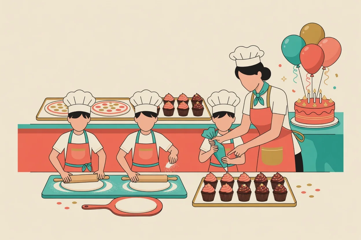 Illustration of a birthday party in a cooking studio, three children in chef hats and aprons rolling out pizza dough and piping frosting onto cupcakes with a chef helping, and a cake and balloons on a table beside them