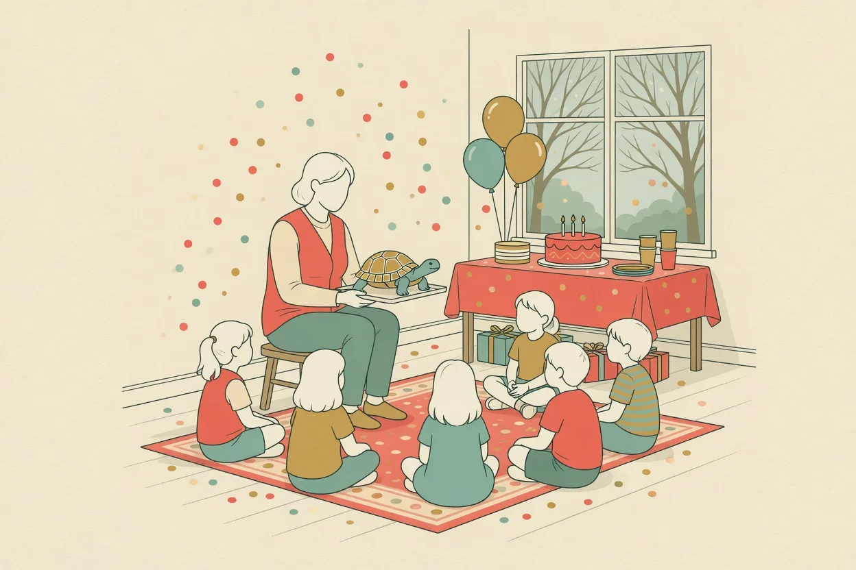 Illustration of a nature-centre birthday party, an adult holding a turtle on a tray while six children sit on a rug watching, with a cake table by a window and bare winter trees outside