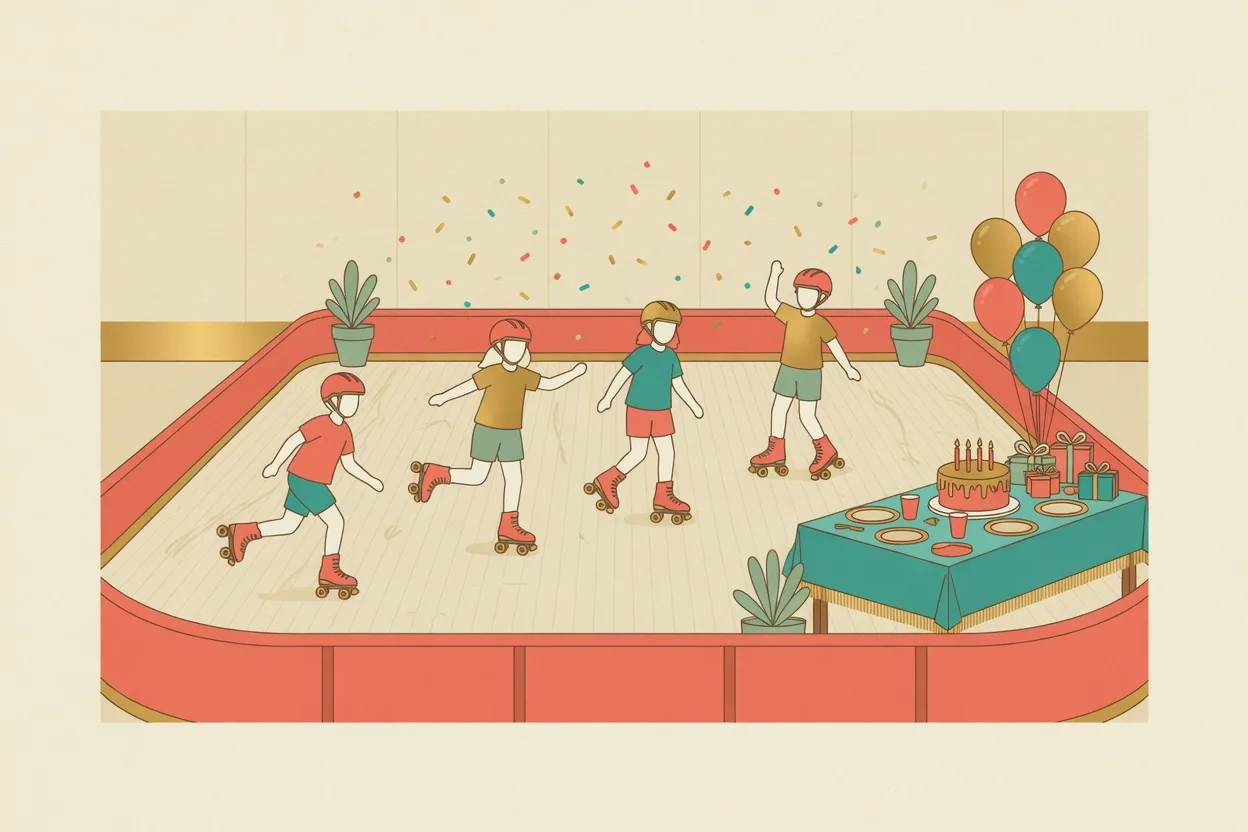Illustration of a roller-skating birthday party, four children skating inside the rink barrier with a cake, presents and balloons on a table at the edge