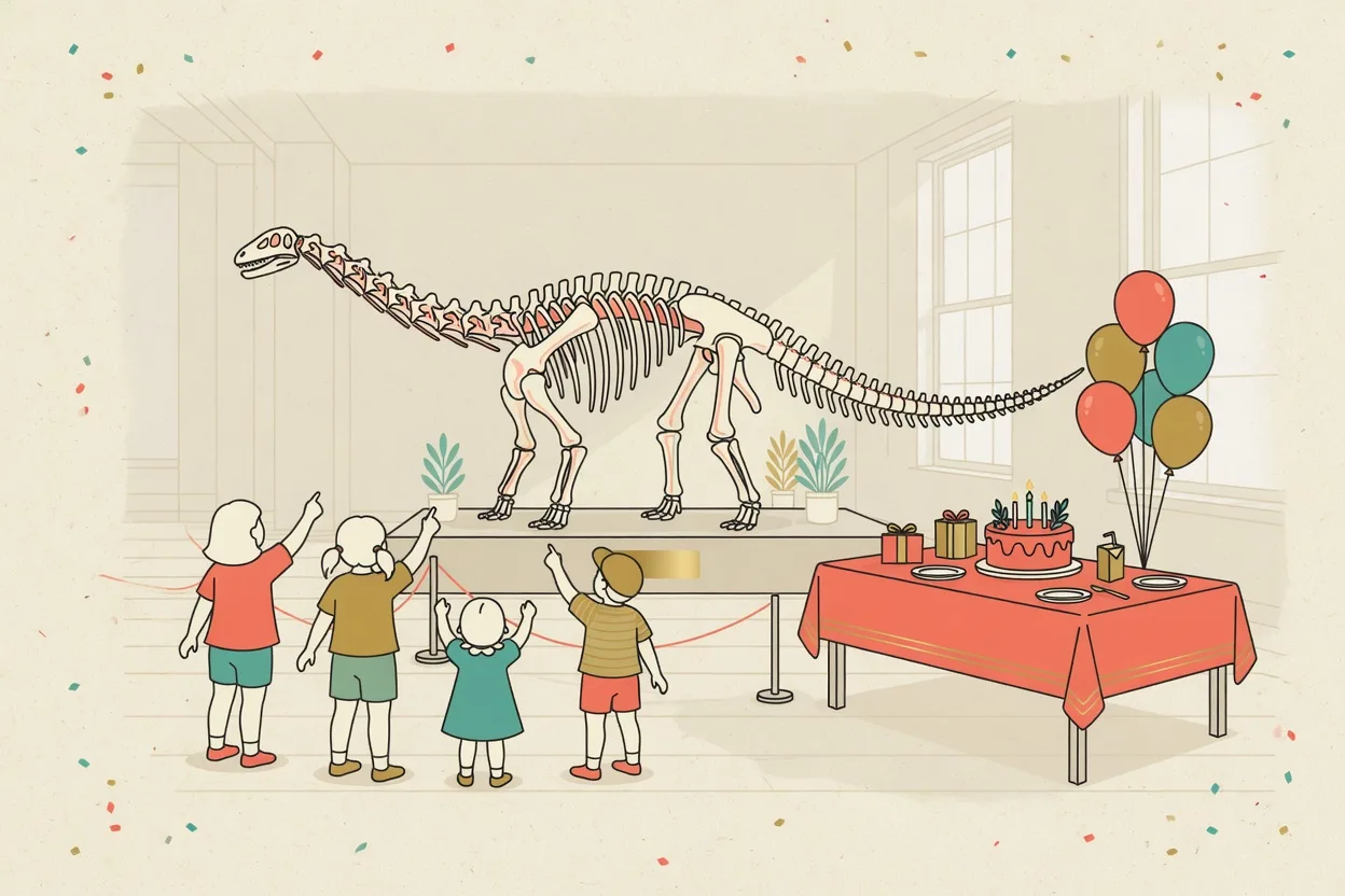 Illustration of a museum-hall birthday party beneath a long-necked dinosaur skeleton, four children pointing up at it, with a cake, presents and balloons on a table by a tall window