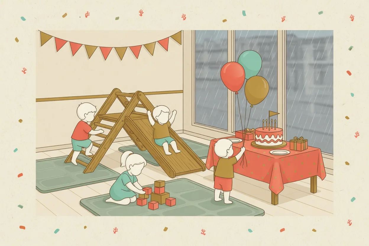 Illustration of an indoor play-room birthday party, children on a wooden climbing frame and slide and another stacking blocks on a mat, with bunting overhead and a cake table by a window streaming with rain