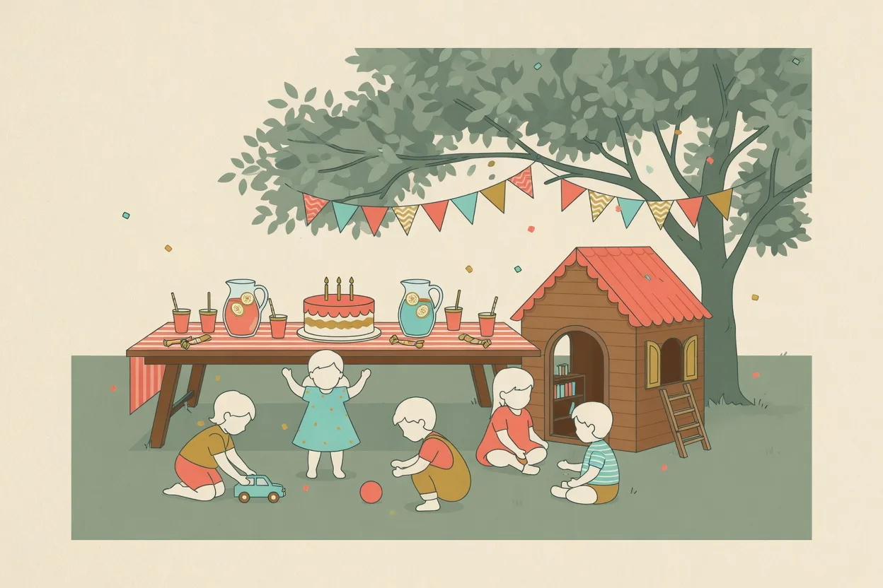 Illustration of a shaded outdoor birthday party under a big tree, a long table with a cake and jugs of lemonade, bunting strung overhead, and children playing on the grass beside a wooden playhouse