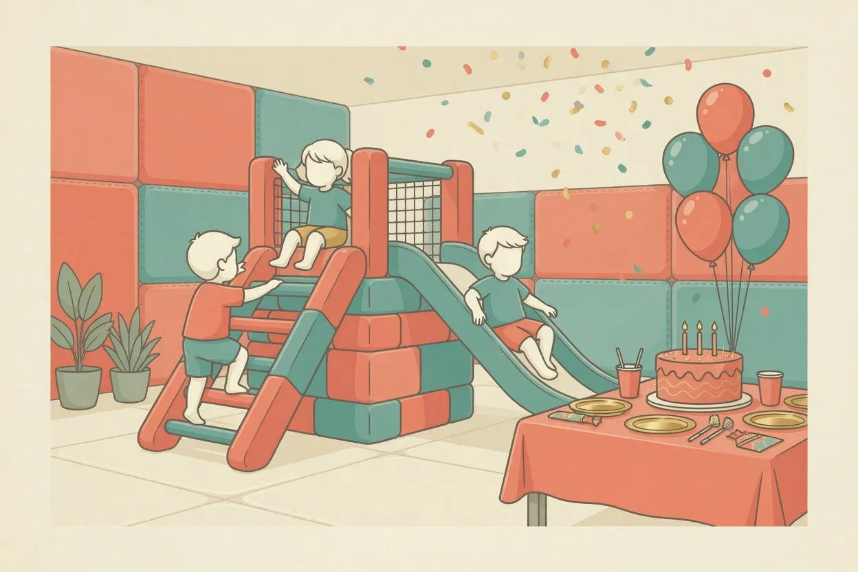 Illustration of an indoor soft-play birthday party, three children climbing a padded play structure and coming down its slide, with a cake table and balloons against padded wall tiles