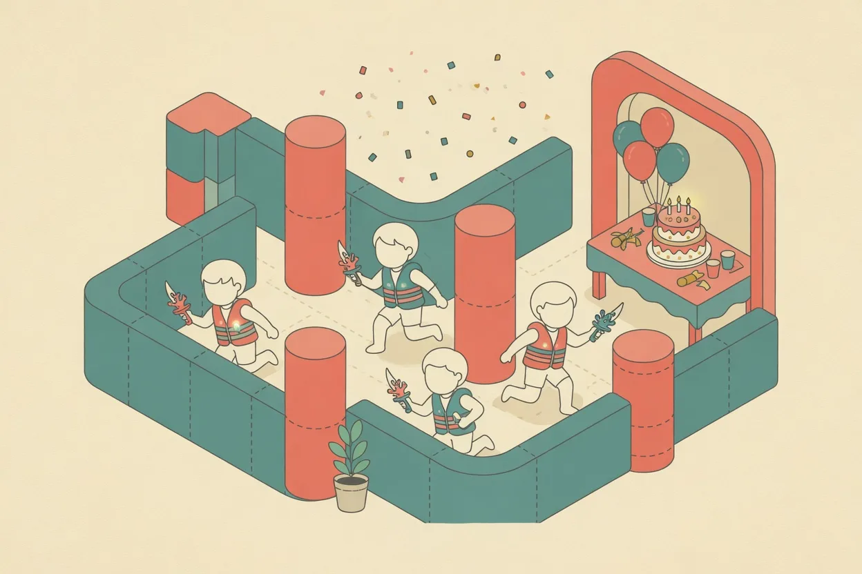 Illustration of a laser-tag birthday party, four children in light-up vests moving between padded pillars in the arena, with a cake and balloons on a table under the archway