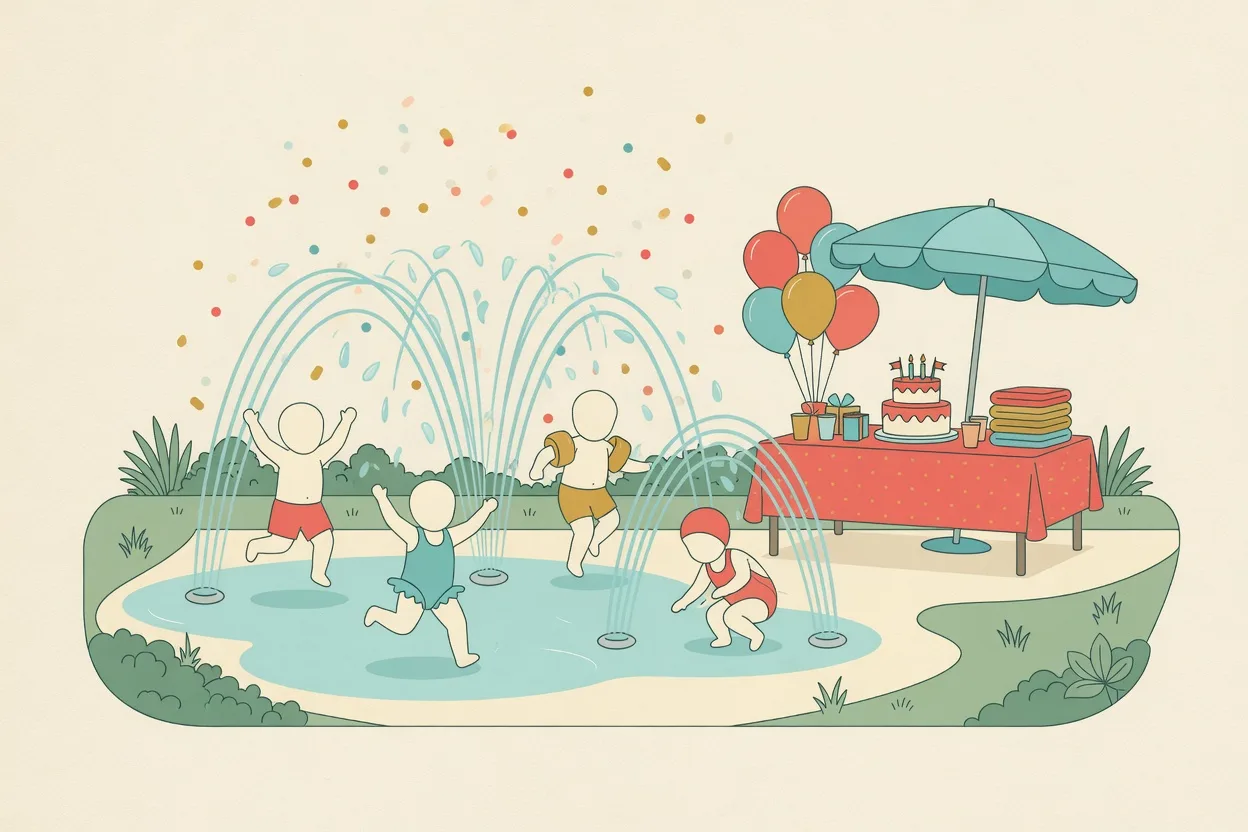 Illustration of a splash-pad birthday party, four children playing in arcing jets of water, with a cake, balloons and folded towels on a table under a parasol