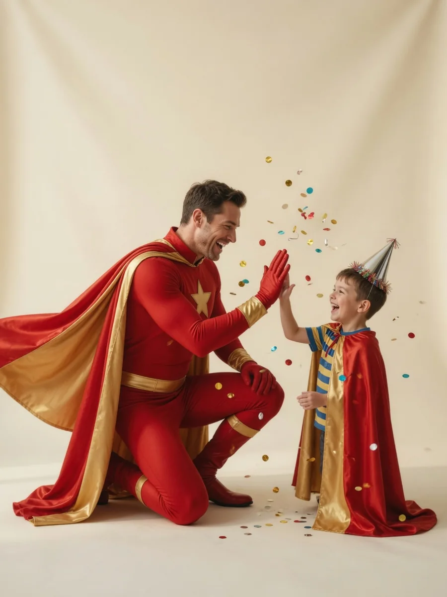 A superhero party entertainer kneels to high-five a beaming boy in a party hat amid drifting confetti