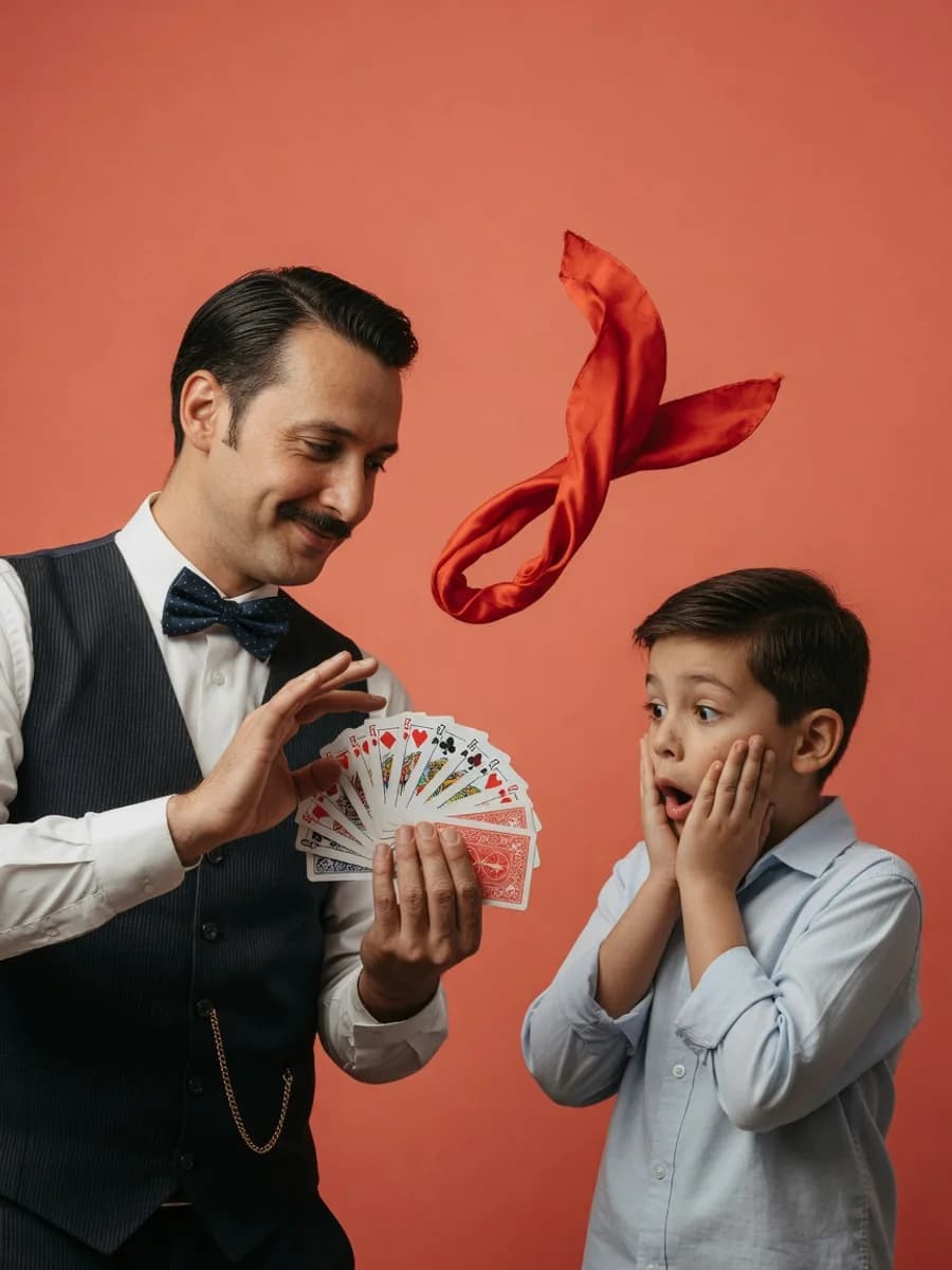 A magician fans playing cards before an astonished boy beneath a floating red silk scarf on a coral studio backdrop