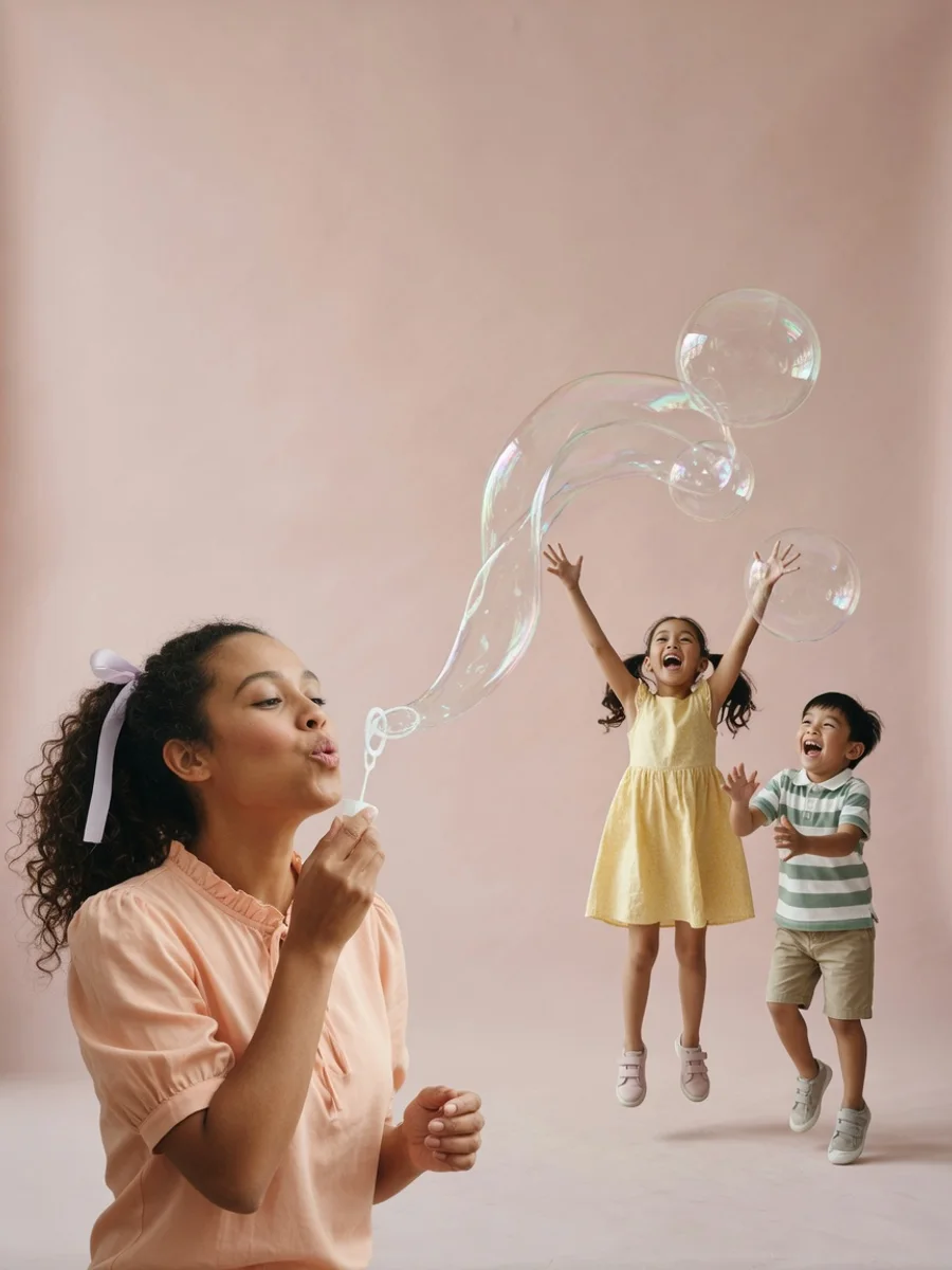A party entertainer blows giant soap bubbles as two laughing children leap to catch them on a blush studio backdrop