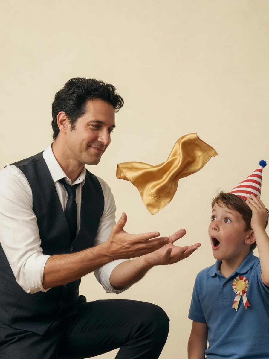 A magician kneels to eye level as a golden silk floats above his palms and a boy in a party hat gasps in wonder