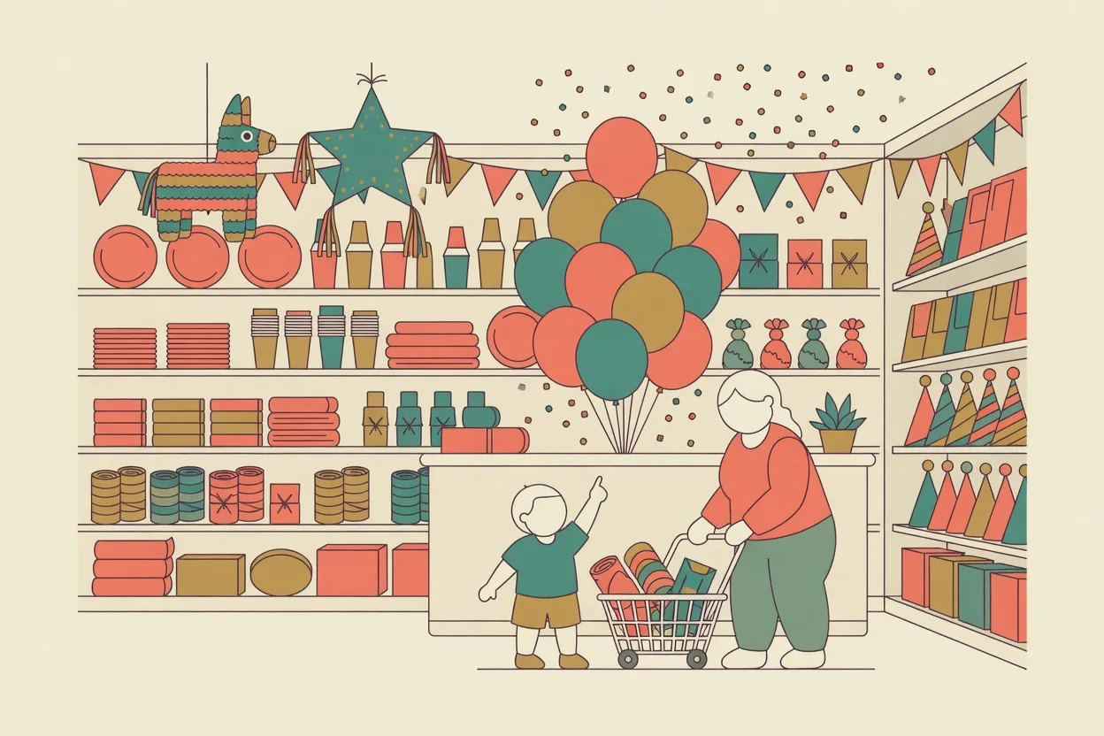 Illustration of a party-supply shop: shelves of plates, cups, streamers and party hats with a piñata and bunting overhead, and an adult pushing a trolley while a child points up at a bunch of balloons