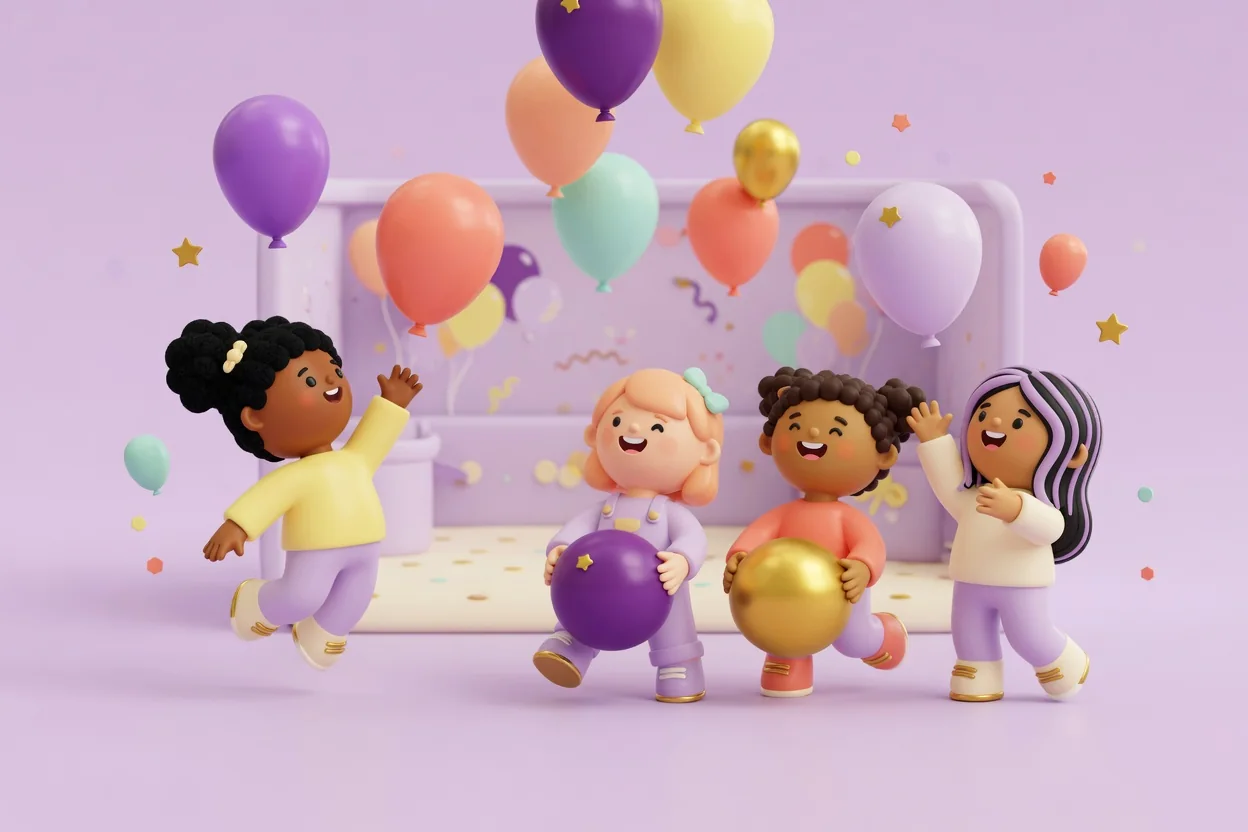 Illustration of four children playing with balloons in a party room, one leaping to tap a balloon, two carrying big purple and gold balloons, and one waving, with many pastel balloons floating overhead.