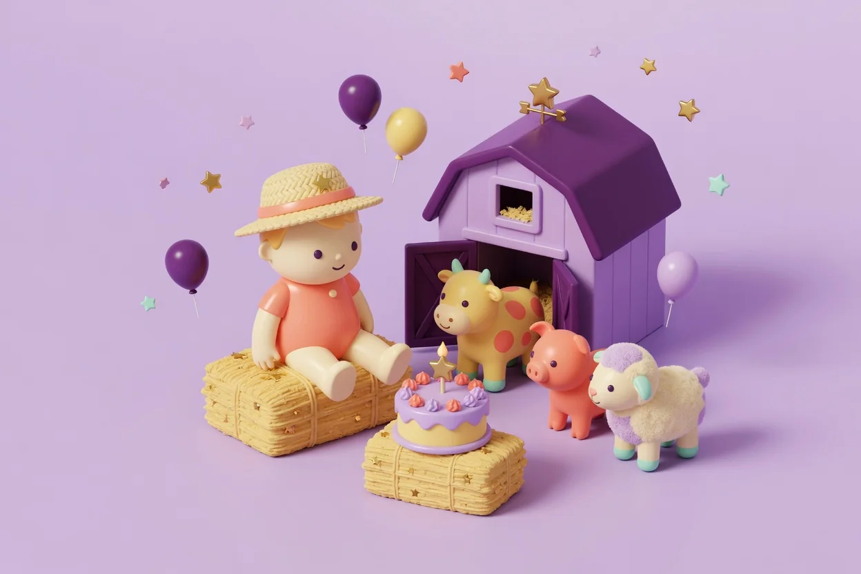 Illustration of a toddler in a straw hat sitting on a hay bale beside a purple toy barn, with a spotted toy cow, a coral piglet and a fluffy lamb gathered around a birthday cake on a second hay bale.
