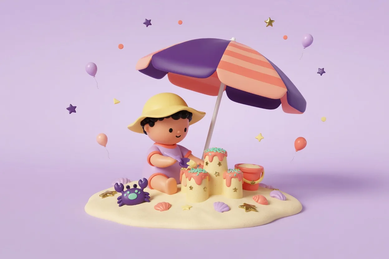 Illustration of a toddler in a yellow sun hat on a small sandy island under a purple-and-coral striped beach umbrella, patting a sandcastle-shaped cake with a toy spade beside a bucket, a purple toy crab and seashells.