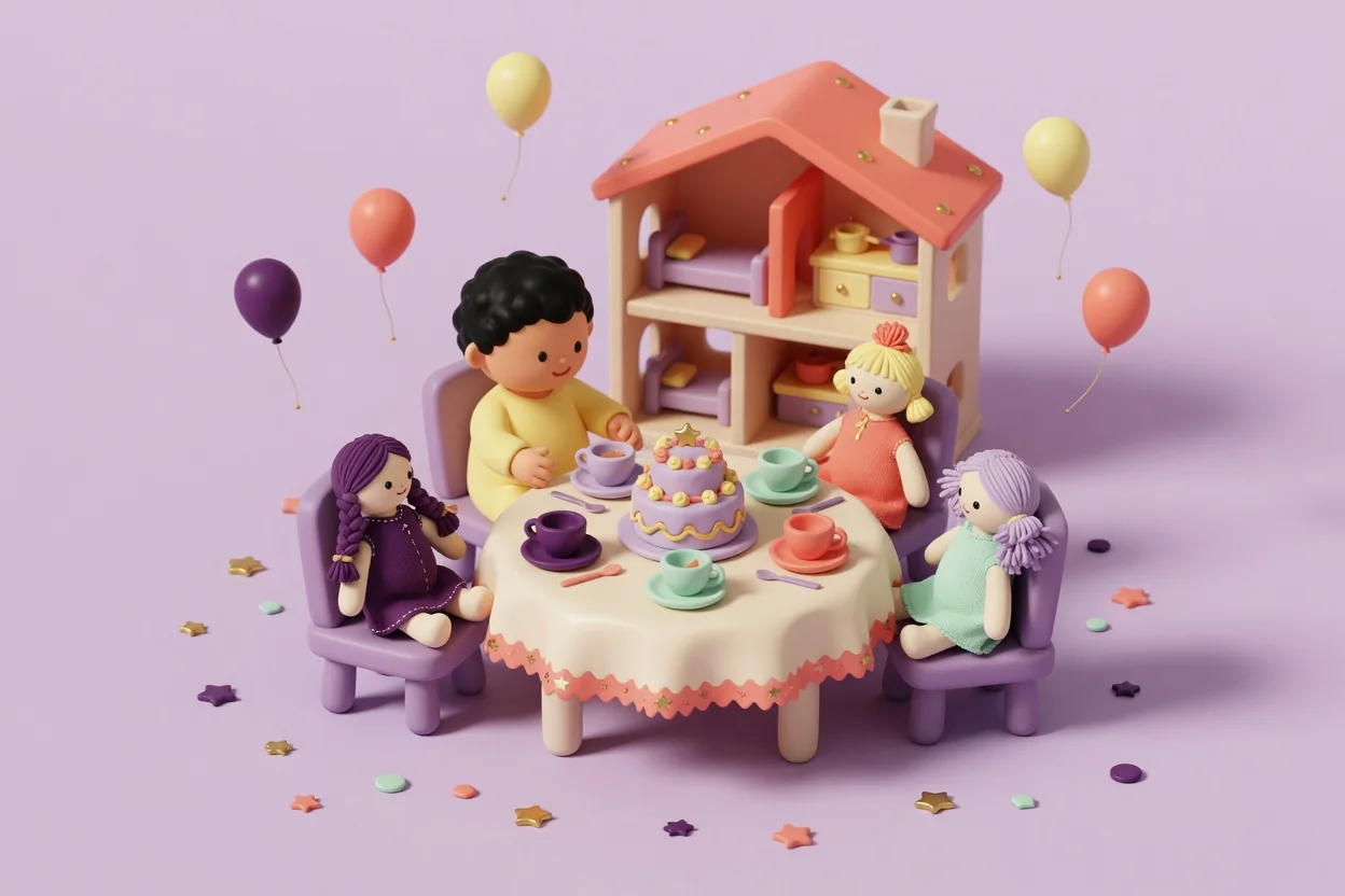 Illustration of a toddler at a small round tea table with three soft rag dolls in little lilac chairs, teacups and a tiered birthday cake on the table, in front of an open wooden dollhouse with a coral roof.