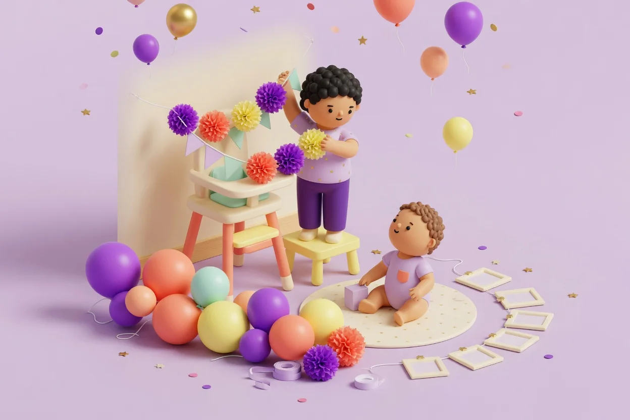 Illustration of a toy figure on a yellow step stool hanging a garland of purple, coral and yellow tissue pom-poms and bunting above a high chair while a toddler sits on a star-dotted play mat, with a pile of balloons in the foreground and a string of empty photo frames on the floor.
