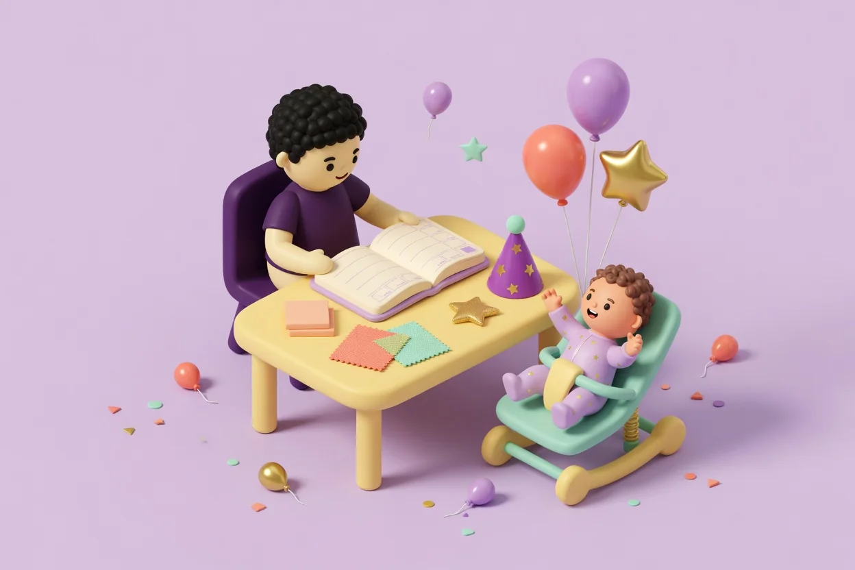 Illustration of a parent at a yellow table reading an open planner beside sticky notes, fabric swatches and a purple party hat, while a happy toddler waves from a mint baby bouncer tied with balloons and a gold star.