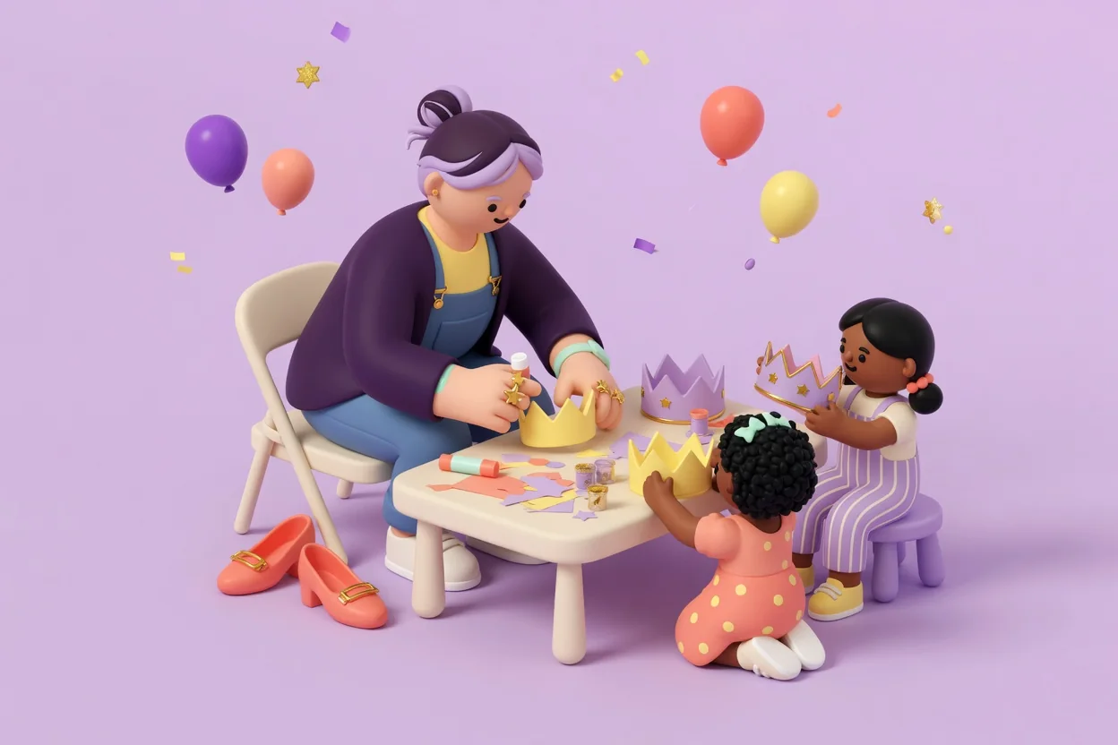Illustration of a grown-up guest in denim overalls, a purple cardigan and white sneakers helping two children make paper crowns at a low craft table, with a pair of coral heels left on the floor beside the chair.