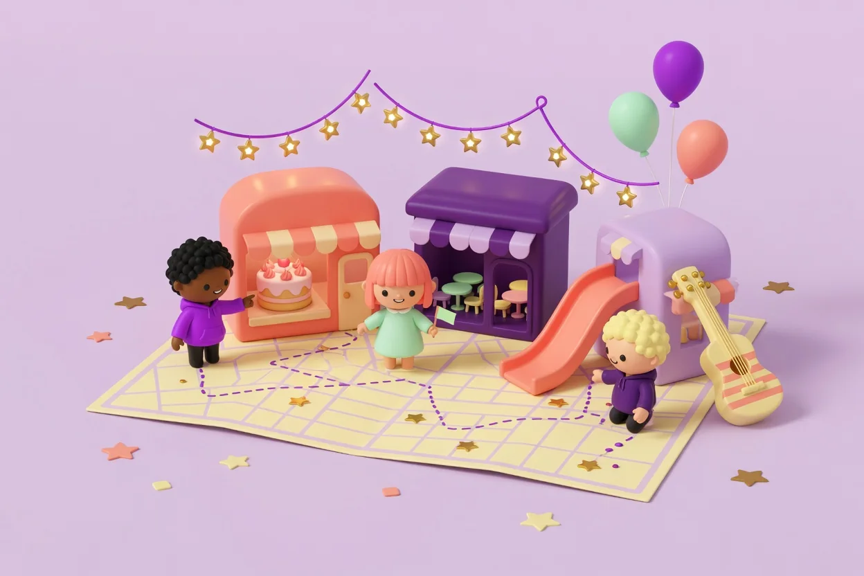 Illustration of a pale yellow unfolded town map with a dotted route and three pop-up toy buildings (a cake shop with a cake in the window, a purple rental shop with tiny tables and chairs, and a lilac venue with a coral slide), toy children, star string lights, balloons and a toy guitar.