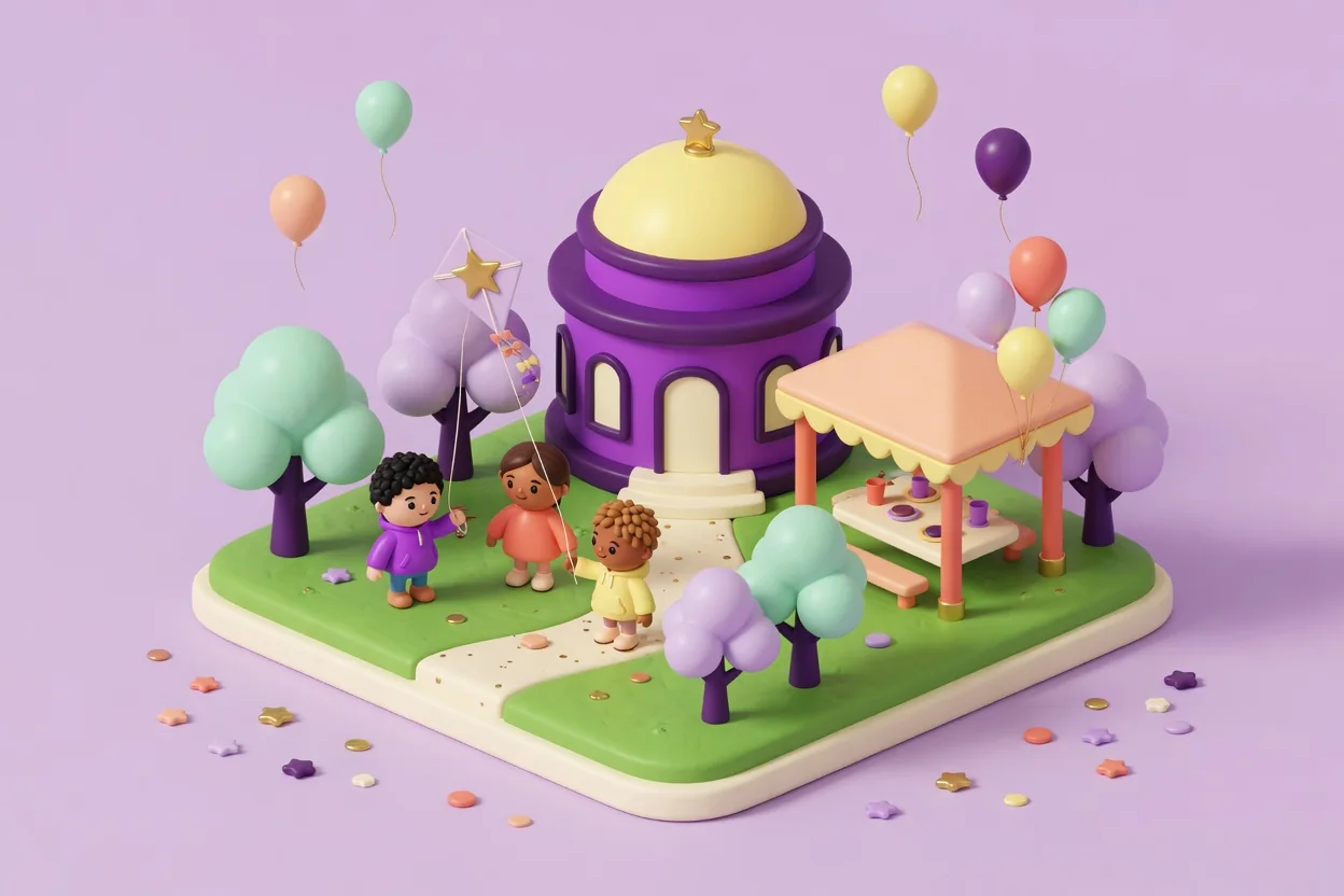 Illustration of a toy park diorama with a round purple domed building, a coral picnic shelter with a party table and balloons, children flying a star kite on green grass, and a cream path winding between mint and lilac trees.