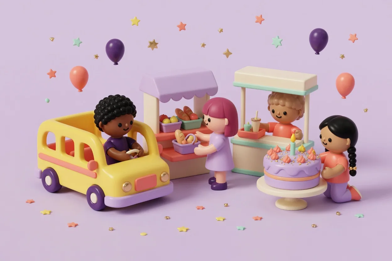 Illustration of a pretend-play town where a boy drives a yellow toy bus, a girl shops for bread and fruit at a lilac-awning market stall, a child serves drinks at a toy cafe counter, and another girl kneels beside a lilac birthday cake on a stand.
