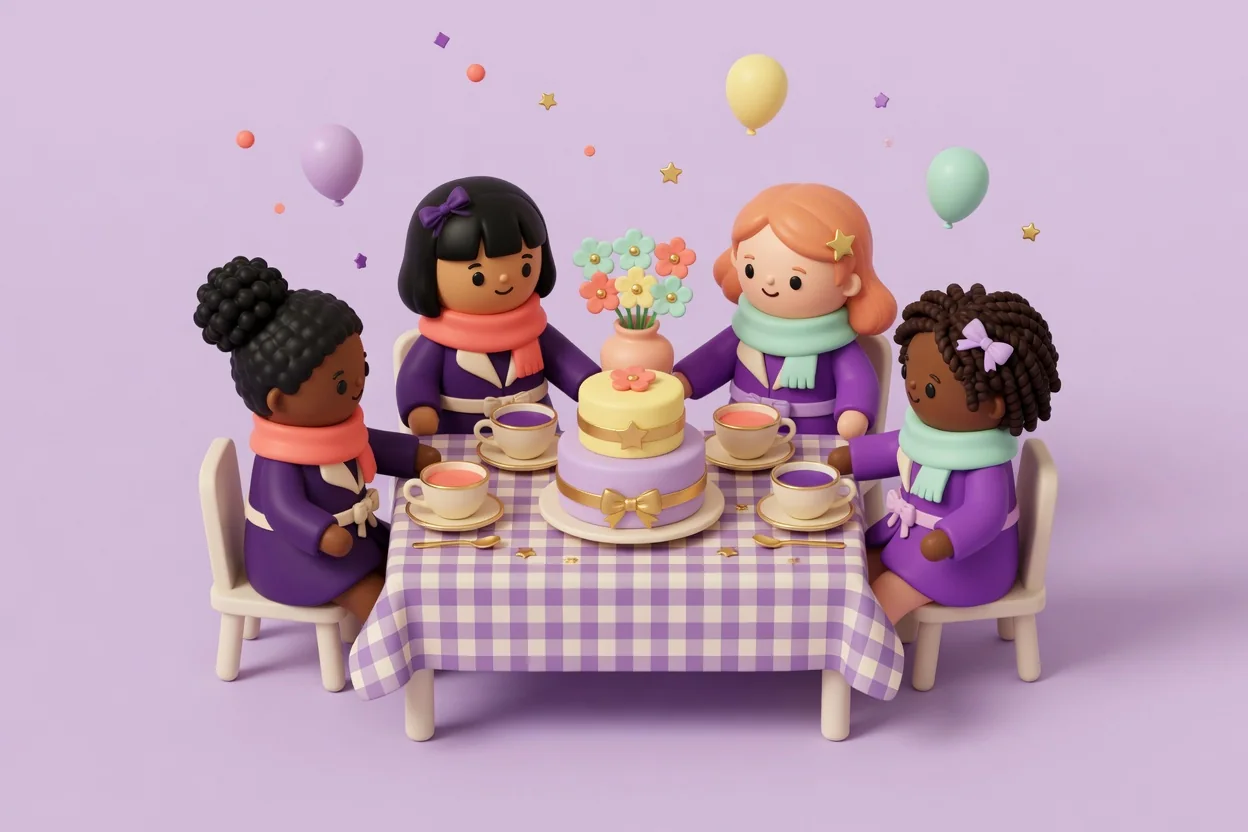 Illustration of four children in belted purple trench coats and soft scarves at a tea party table with a purple-and-cream check tablecloth, gold-rimmed teacups, a two-tier cake with a gold bow and a vase of flowers.