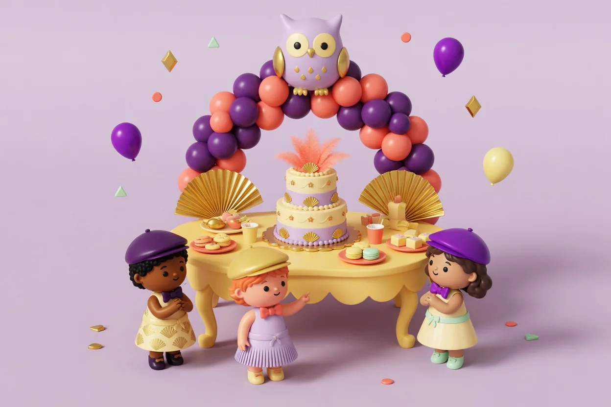 Illustration of a 1920s-style dessert table with a feather-topped tiered cake and gold fan decorations under a purple and coral balloon arch crowned by a lilac owl, with three children in berets and bow ties admiring it.