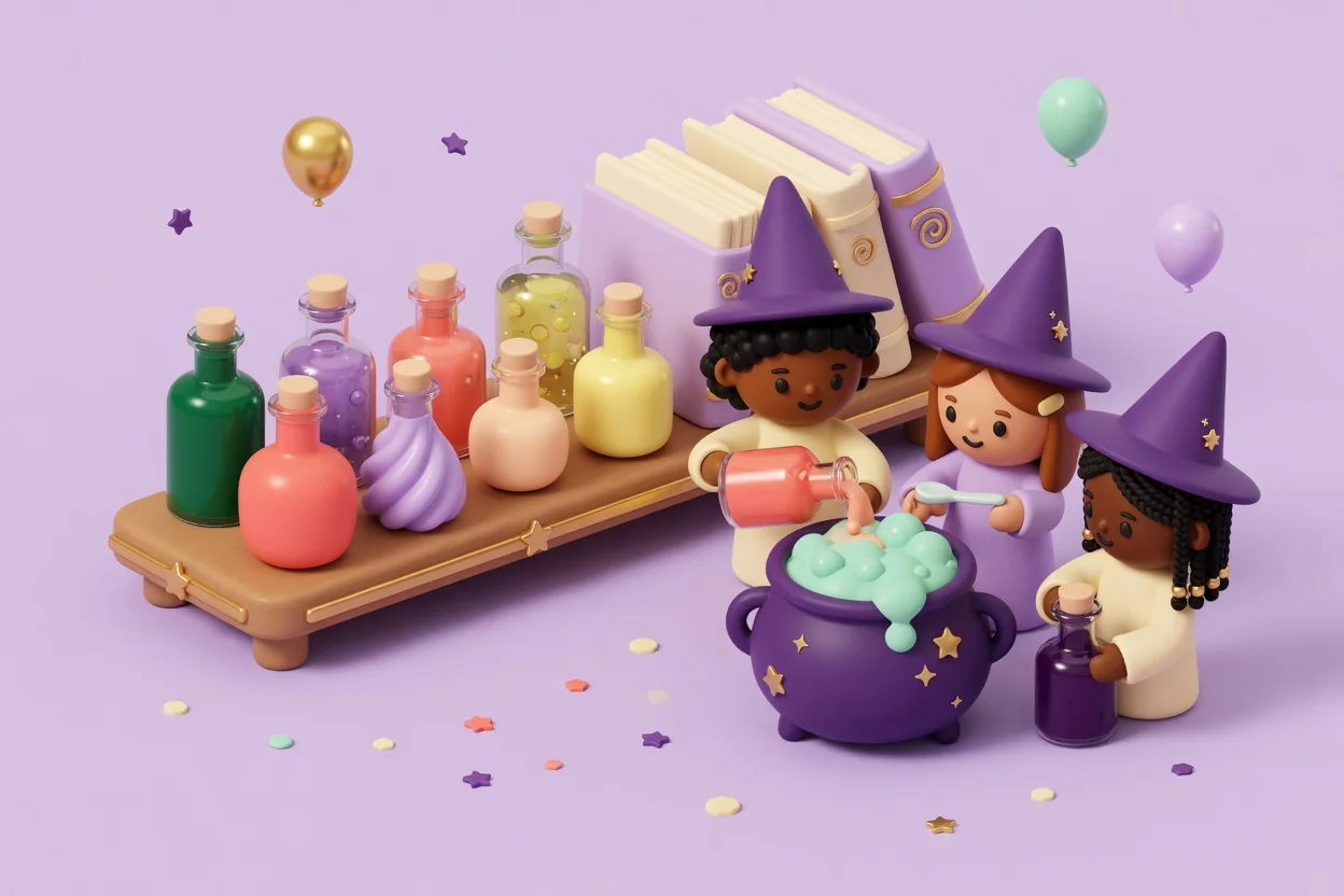 Illustration of three children in purple pointed wizard hats pouring colorful drinks into a bubbling purple cauldron beside a shelf of corked glass bottles and a stack of old books.