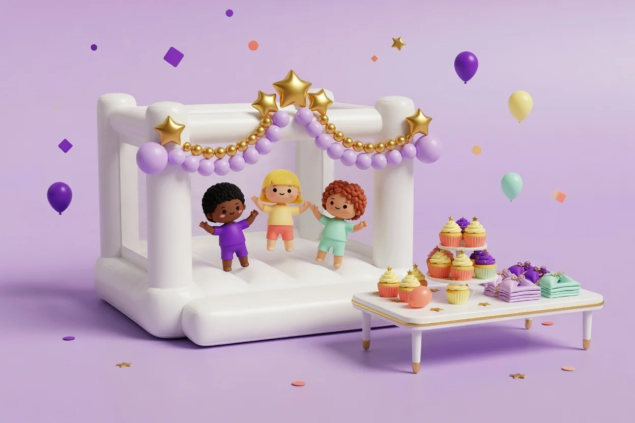 Illustration of three children bouncing in a white bounce house hung with a lilac-and-gold bead garland and gold stars, beside a white gold-trimmed table with a tiered stand of cupcakes and stacks of folded silk handkerchief favors tied with bows.