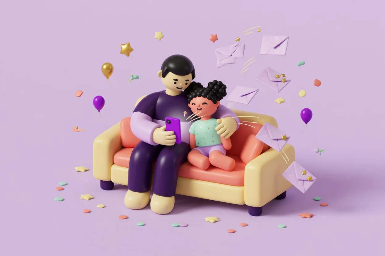 Illustration of a parent and a smiling child sitting together on a yellow-and-coral sofa looking at a purple phone, while lilac envelopes, some with gold star stickers, fly out and flutter back around them.