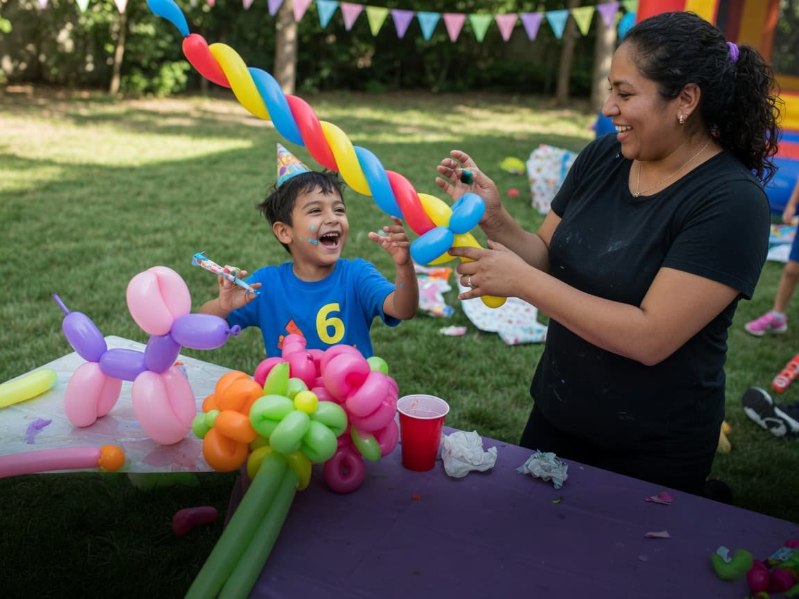 A balloon artist presenting a rainbow twisted balloon sword to a laughing boy at a backyard party