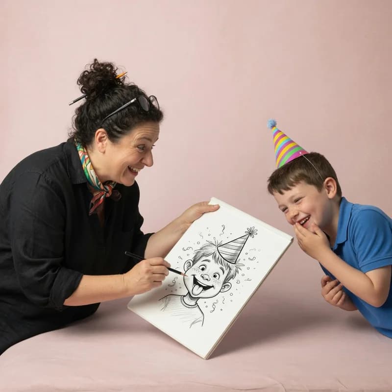 A caricature artist turns a playful sketch toward a giggling boy in a party hat on a blush pink studio backdrop