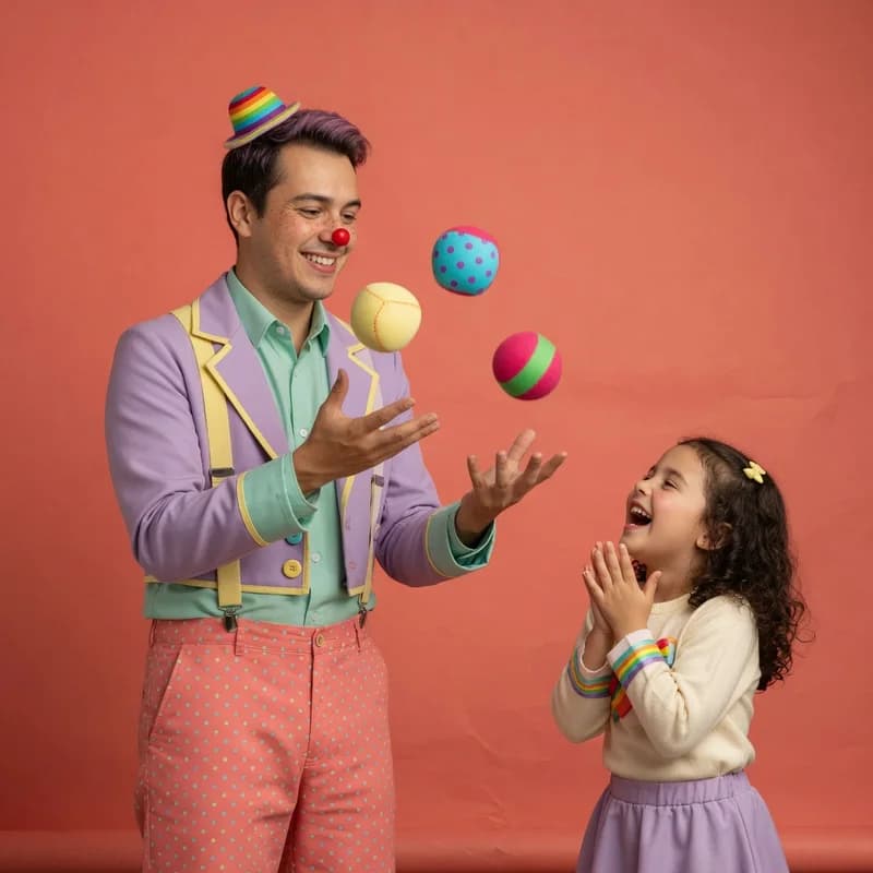 A friendly modern clown juggles soft colorful balls for a laughing girl on a warm coral studio backdrop