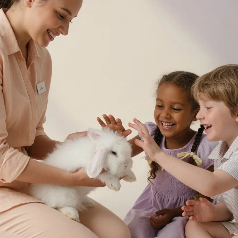 A petting zoo handler holds a fluffy white bunny as two children reach to stroke it on a warm cream studio backdrop