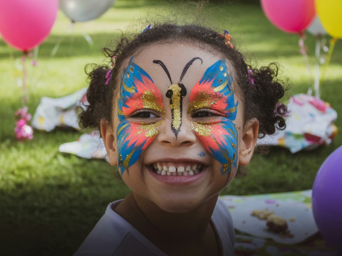 A smiling girl with a bold blue, coral, and gold butterfly face paint at an outdoor party