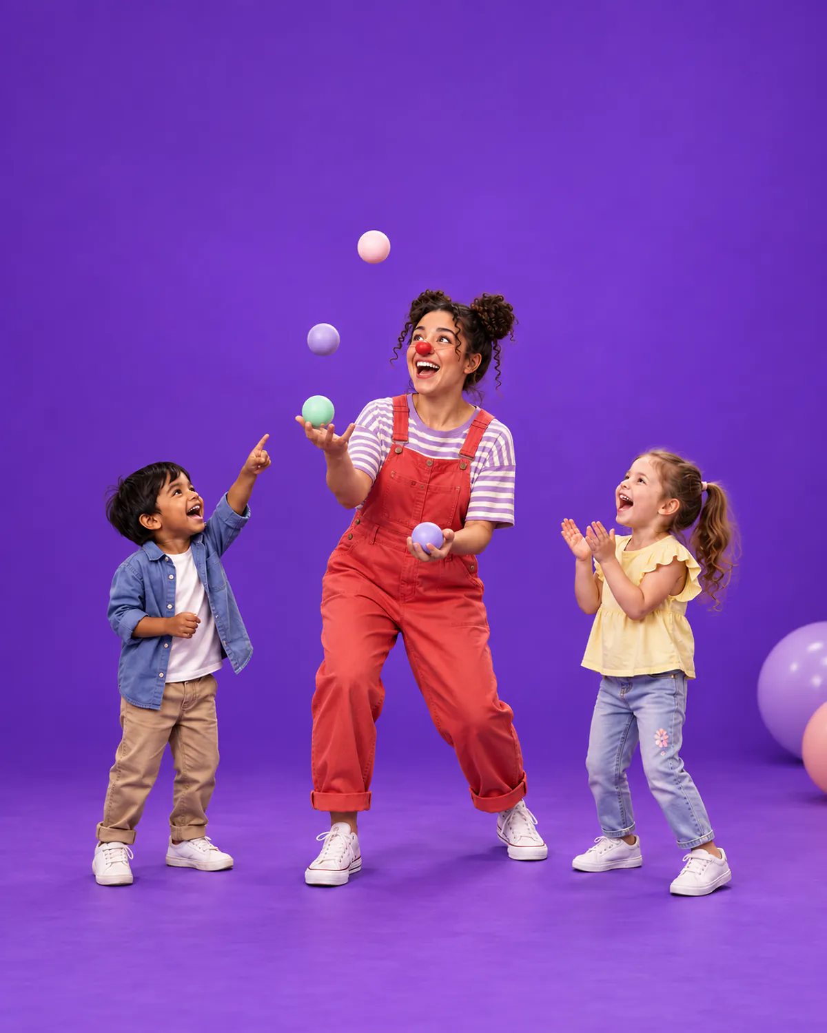 A clown juggling as two children laugh and point