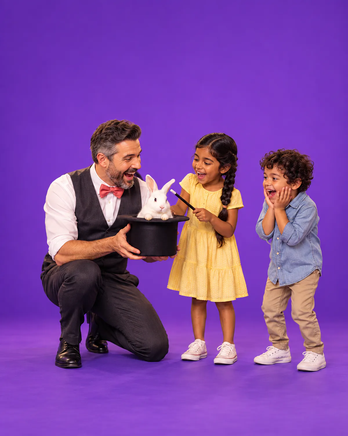 A magician revealing a rabbit in a top hat as two children gasp