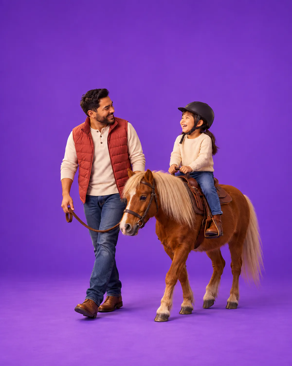 A handler leading a pony carrying a laughing girl in a riding helmet