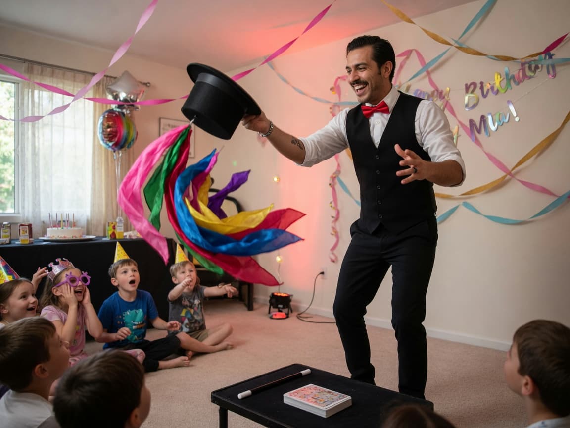A professional magician in a waistcoat pulling rainbow silks from a top hat for a kids birthday audience