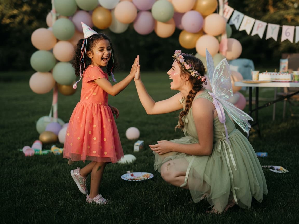 A party fairy character high-fiving a laughing girl at a backyard birthday party