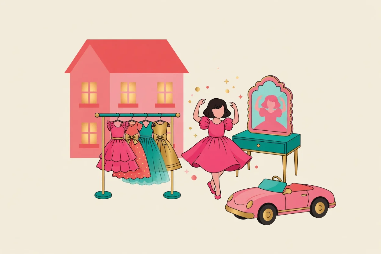 Illustration of a glamorous pink birthday party scene with a sparkly runway backdrop, a toy convertible car cutout, oversized shoe and sunglasses props, and a tall pink tiered cake on a table