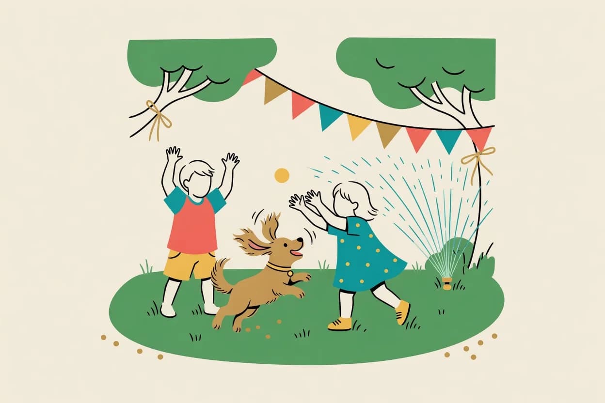 Illustration of a cartoon puppy-family birthday party in a backyard, with blue and orange balloons, a paper pawprint trail and a bone-shaped cake on a picnic table