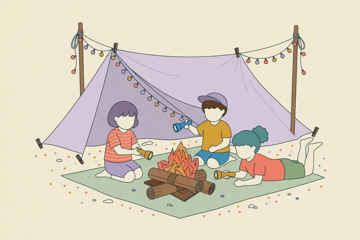 Illustration of a backyard campout with a bedsheet tent draped over a clothesline, string lights, a fake campfire made of cardboard logs and orange cellophane, and children with flashlights