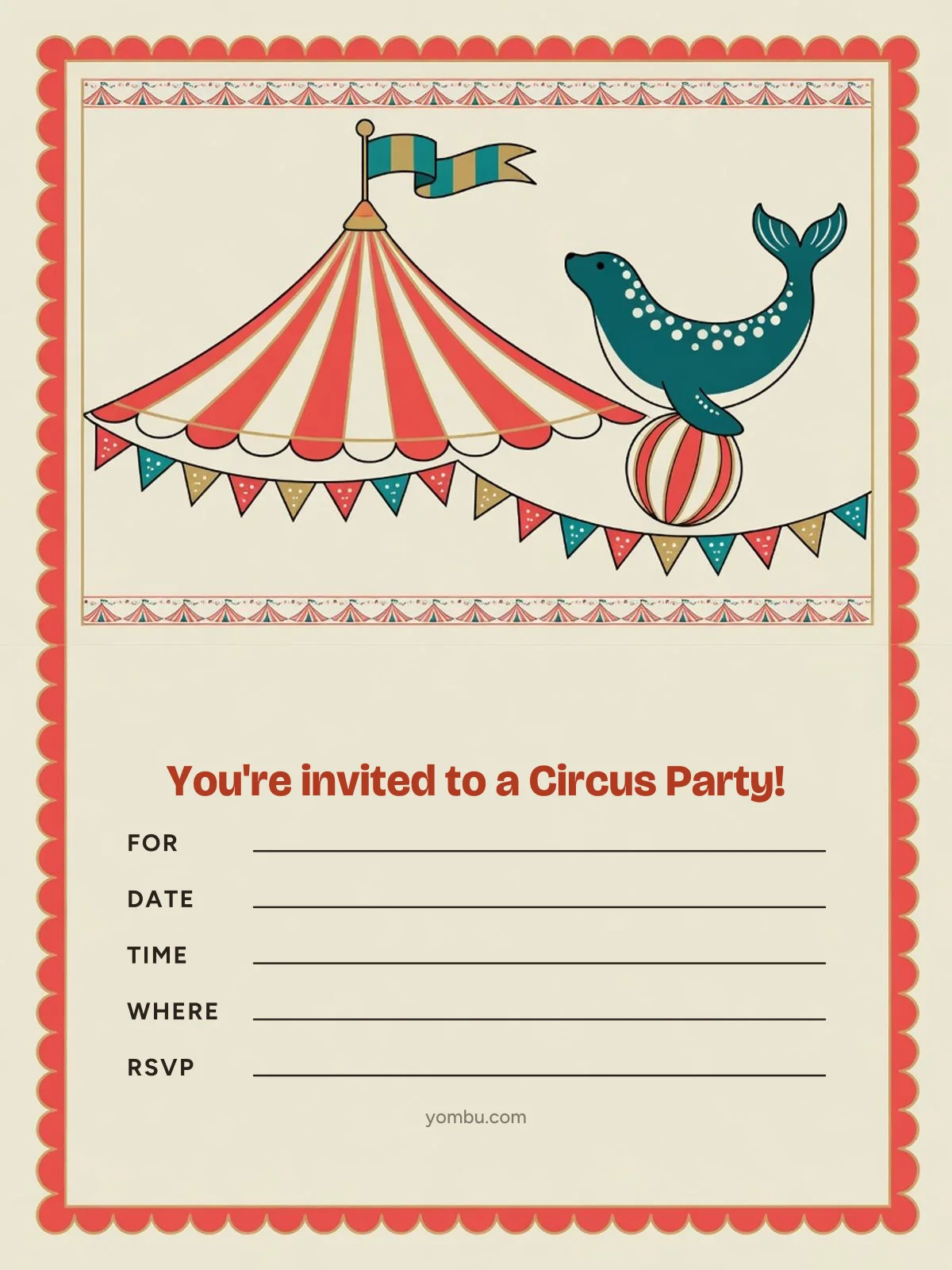 Printable circus party invitation card with a red-and-white striped big top tent, bunting flags and blank lines for the date, time and address